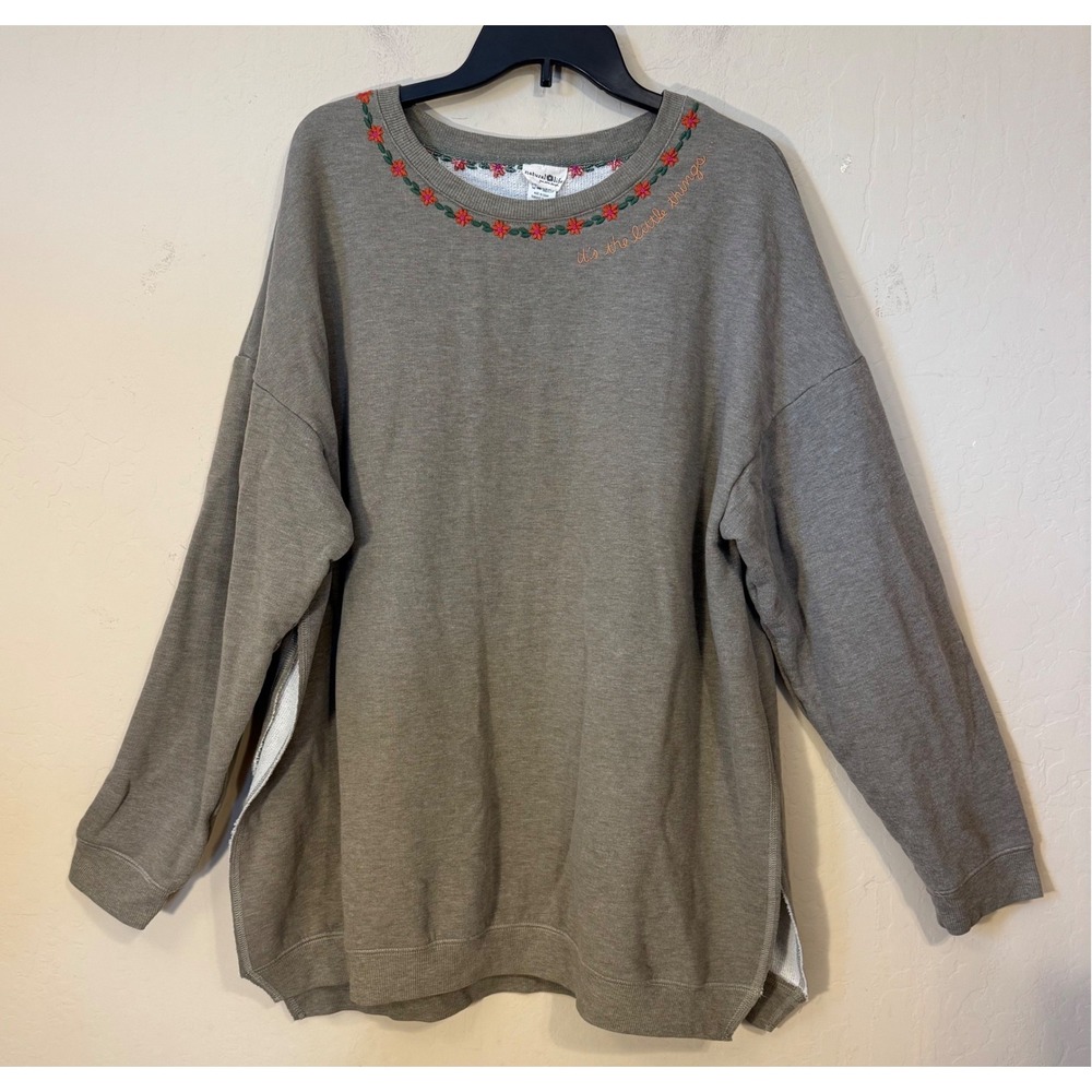 Natural Life Oversized Sweatshirt Tunic Embroidered Side Slit Women S/M
